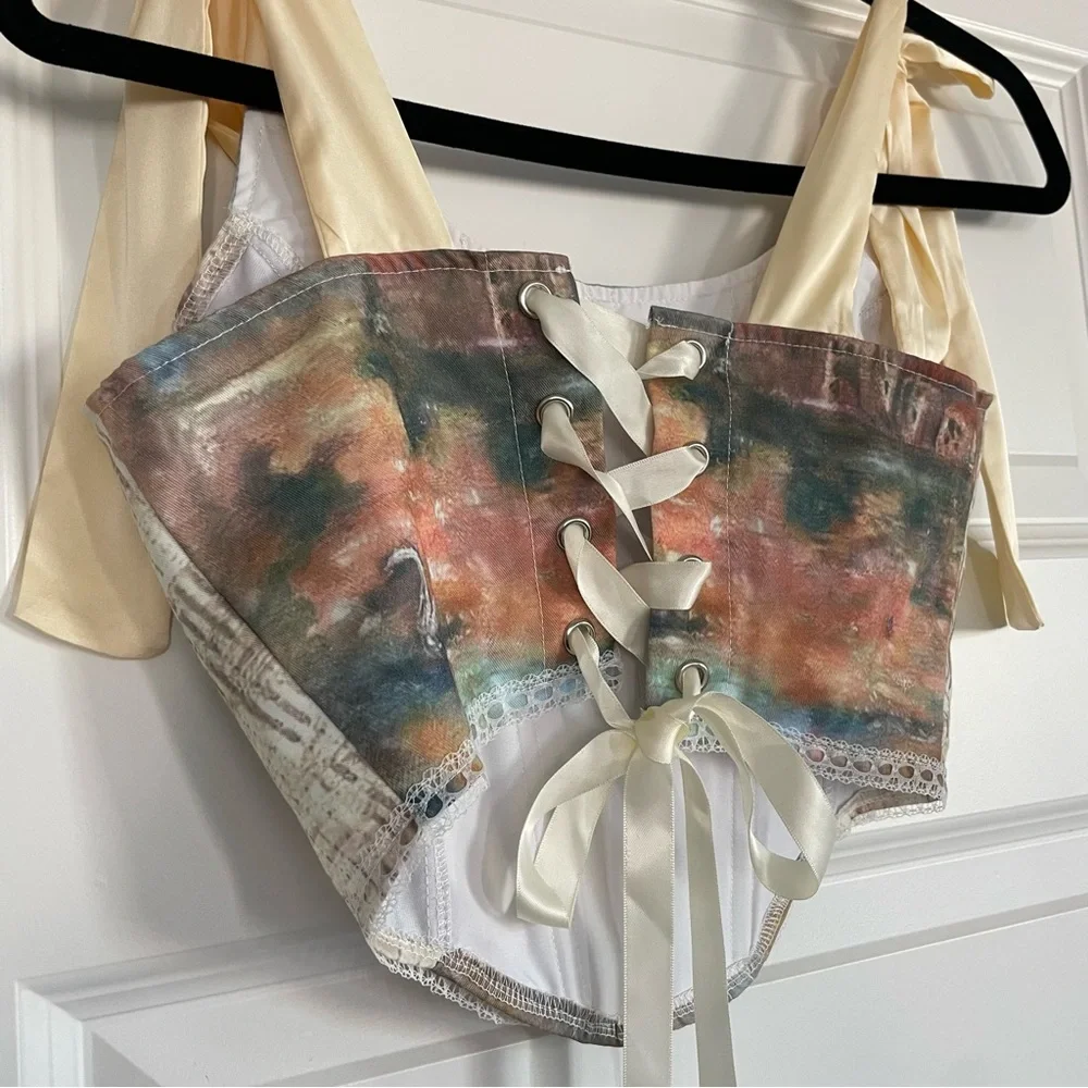 Micas Romantic Baroque Print Women's Corset Top with Ribbon Straps - Picture 7 of 10